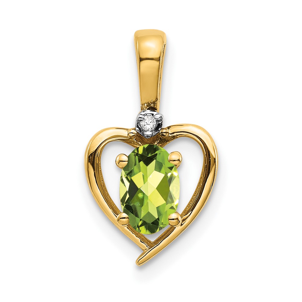 14k Yellow Gold Peridot August Birthstone And Diamond Heart Charm Pendant